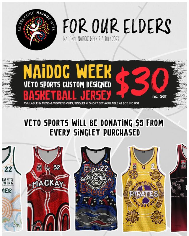 We're celebrating National NAIDOC Week by working with local indigenous artists and sporting clubs around the country to create amazing basketball playing and supporter apparel that represents the rich diversity of First Nations culture.

This is the perfect way for your club to celebrate NAIDOC Week from July 2 – 9 with a custom kit that reflects the indigenous culture and traditions of your local area.

All apparel is available in both mens and womens cut and in kids sizes, ensuring everyone at the club is looked after.

To enquire about the process or place an order please contact us via admin@vetosports.com or by calling 07 3345 8006.
