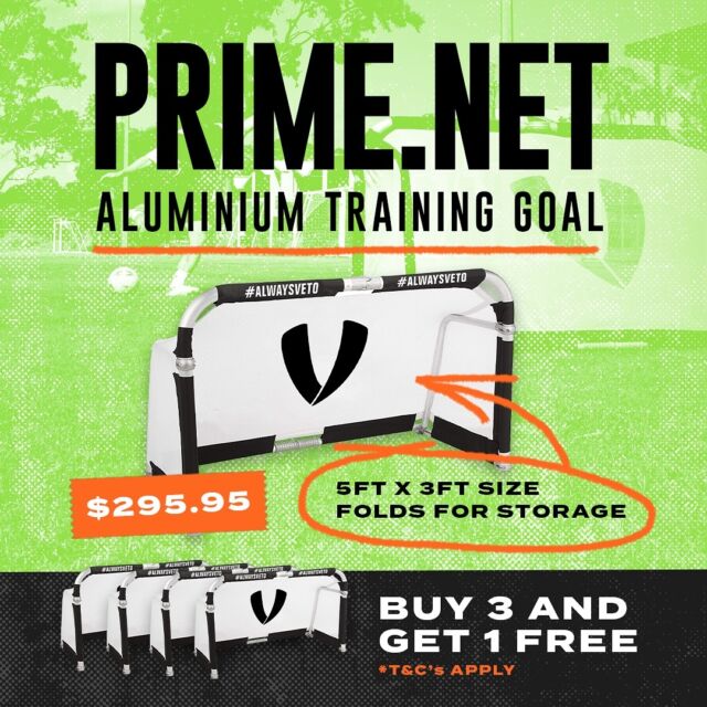 BUY 3 GET 1 FREE! 🥅 
 
For a limited time only, score a free PRIMENET goal every time you purchase three 😍

Fully collapsible and easy to transport, making every session a breeze. With a durable aluminium frame, they are built to withstand both practice and play. #alwaysveto